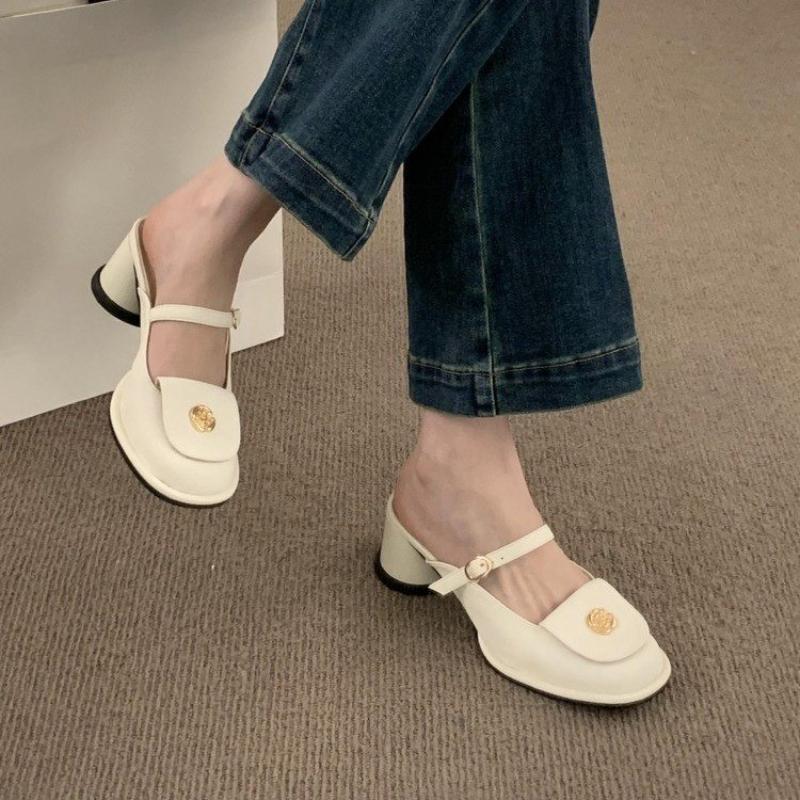 

Fashion 2025 Spring Summer Thick Heel Women Mules Slippers Shoes Fashion Cover Toe Slip On Shoes Ladies Casual Street Style Sandalias 35 бежевый