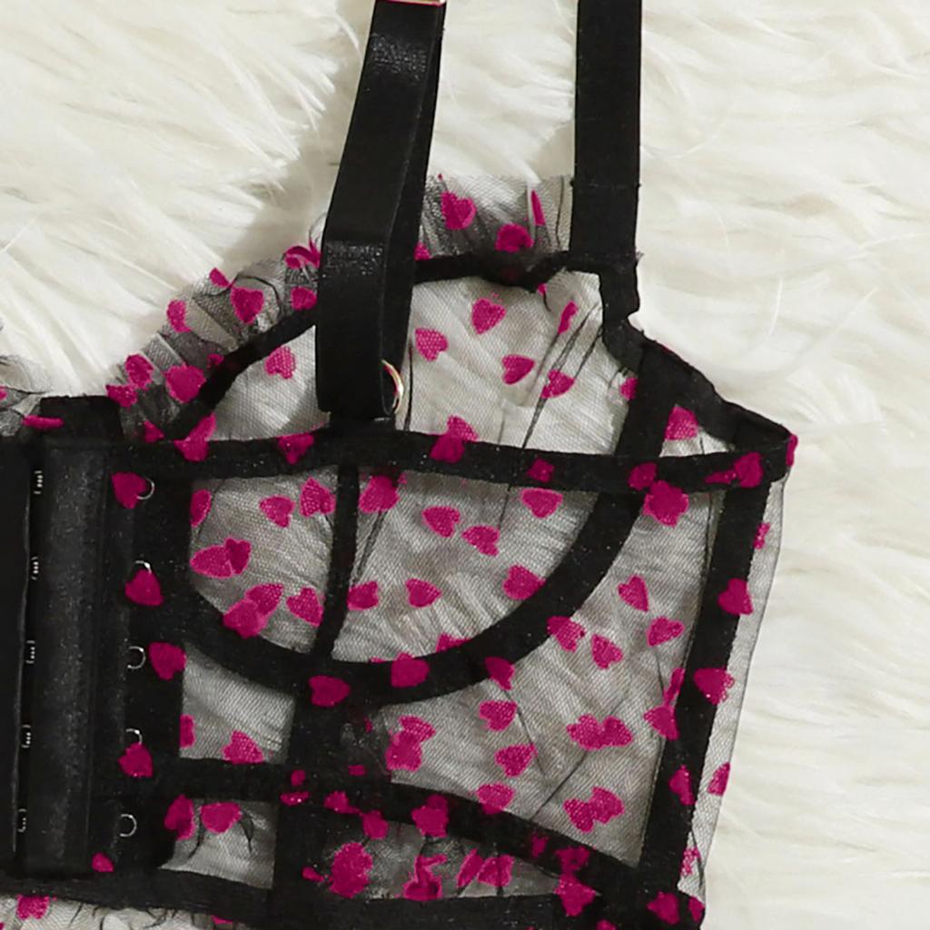 Women Sheer Mesh Lingerie Set with Embroidered Heart Pattern Adjustable Straps Underwire Bra and Matching Panties Lingerie Set for Intimate Wear