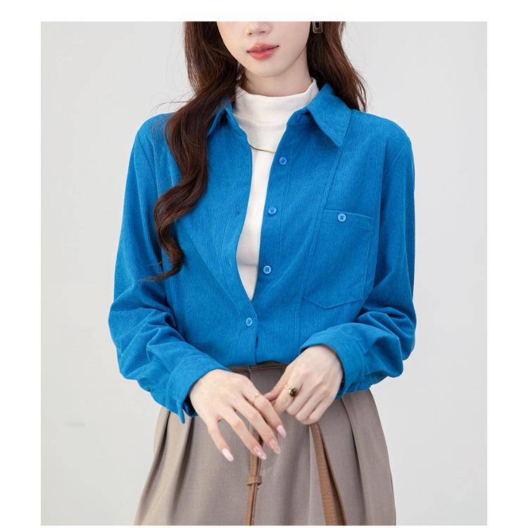 Sztruksowa Koszula Retro Kobiety Jesień Zima Vintage Elegancka Bluzka