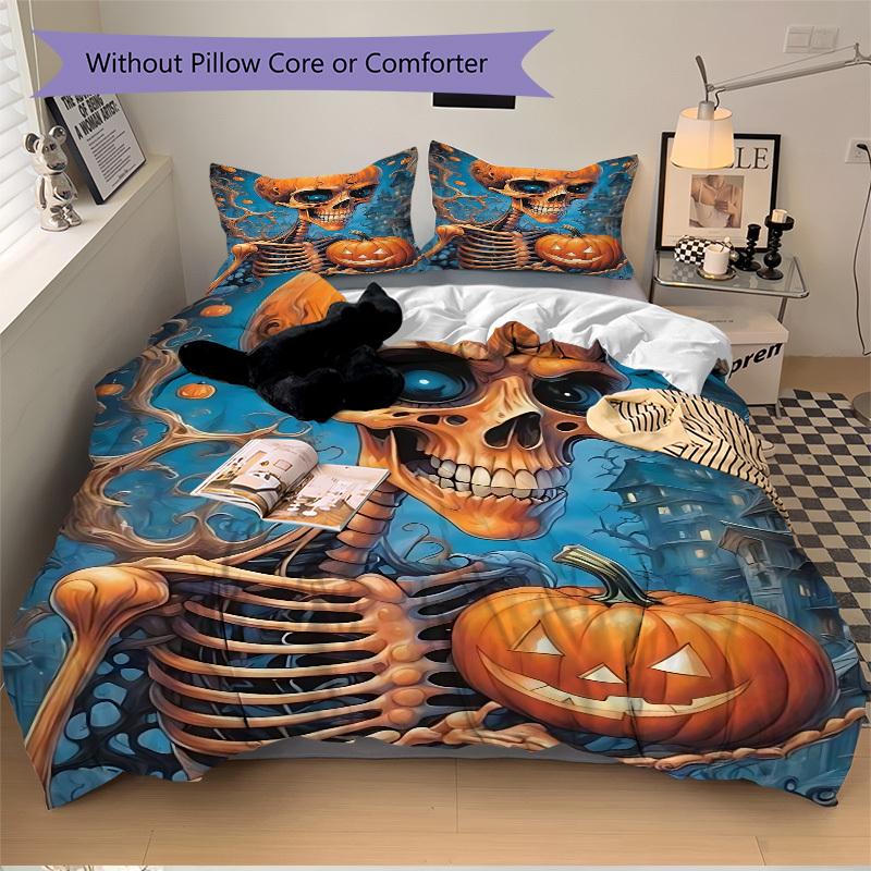 3pcs Halloween Skeleton Duvet Cover Set, Cover For Bedroom Guest Room (1 Duvet Cover + 2 Pillowcase, Without Quilt),  yy250922144