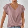 Ladies Summer Short Sleeve V Neck Knot Breathable Solid Color Pullover T Shirt Top