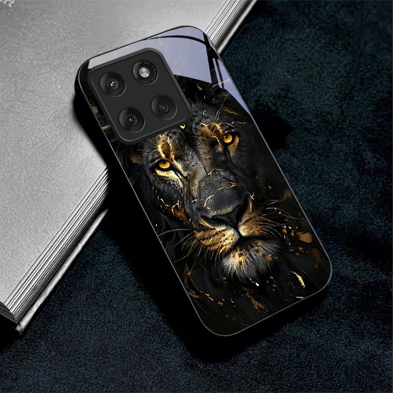 Lion With Golden Black Glass Phone Case For Motorola Moto Edge 70 60 Fusion 50 Ultra 40 Neo 30 Pro 20Lite 60s 50Neo Black Cover