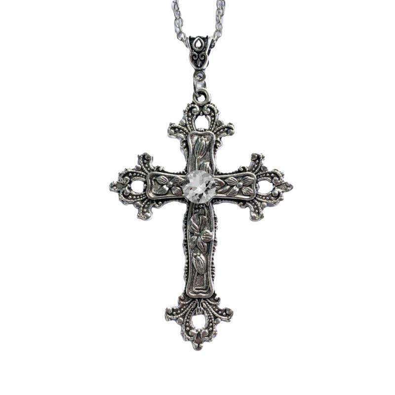 Gothic Cross Pendant Necklace With Flower Pattern Alloy Chain Jewelry For Party Wear