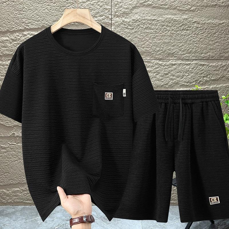 Men's Summer High-Stretch Plus Size Set Lightweight Breathable Crew Neck Pocket Short-Sleeve Top + Shorts Solid Color Two-Piece Set