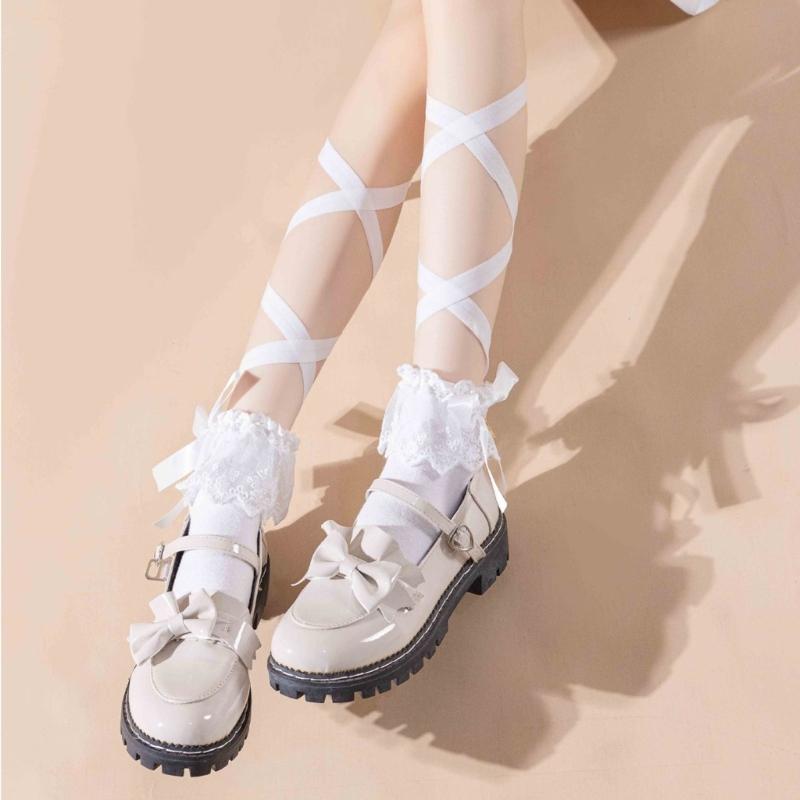 Women Japanese Ballet JK Sweet Ruffle Lace Cotton Crew Socks Elegant Ribbon Tie Bandage Solid Color Ankle Socks Hosiery