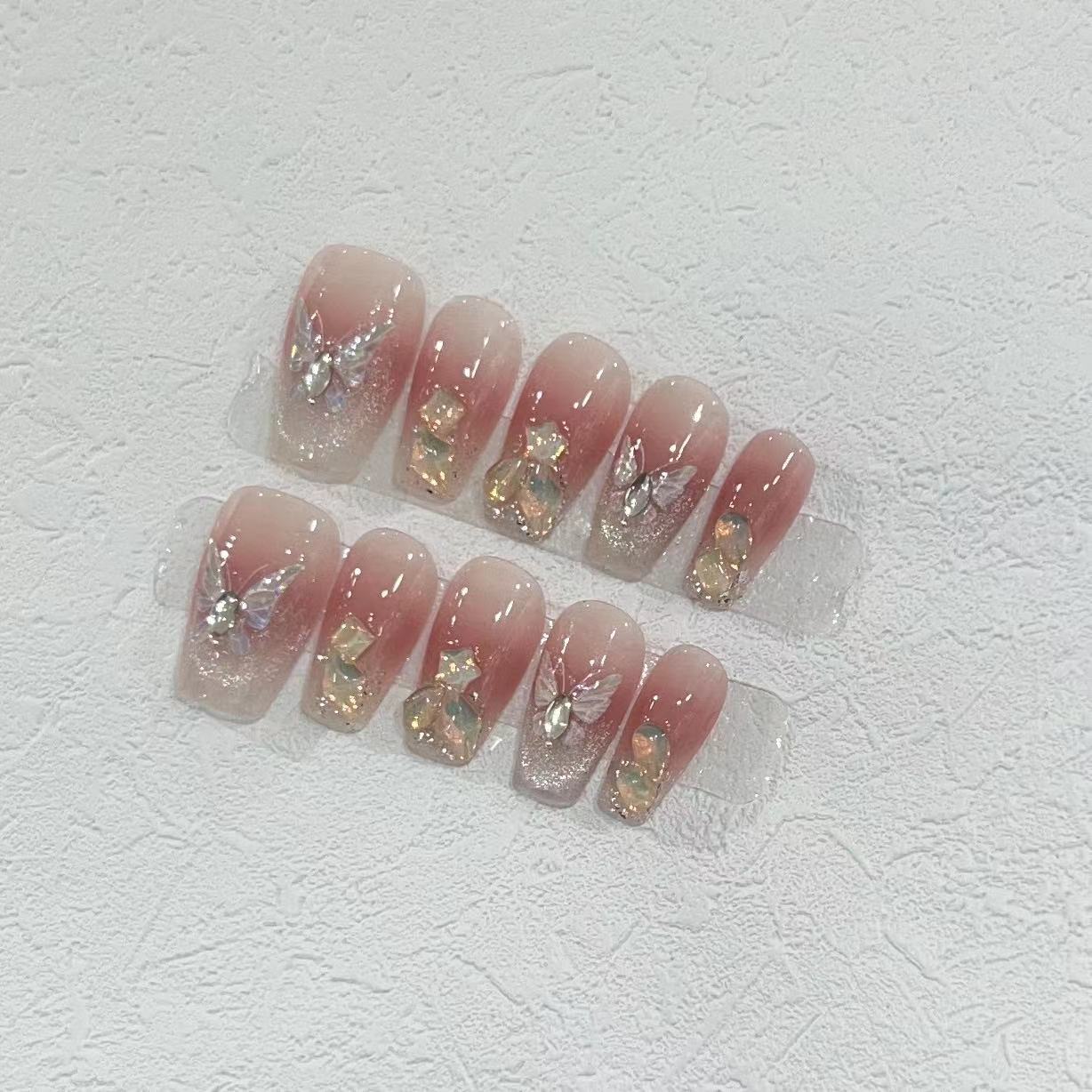 

Ношение брони Ручная работа Высококлассный Фея Цветок Бабочка Танец Румяна Французский Кошачий глаз Бриллиант Ручная работа Маникюр Готовый продукт Large L