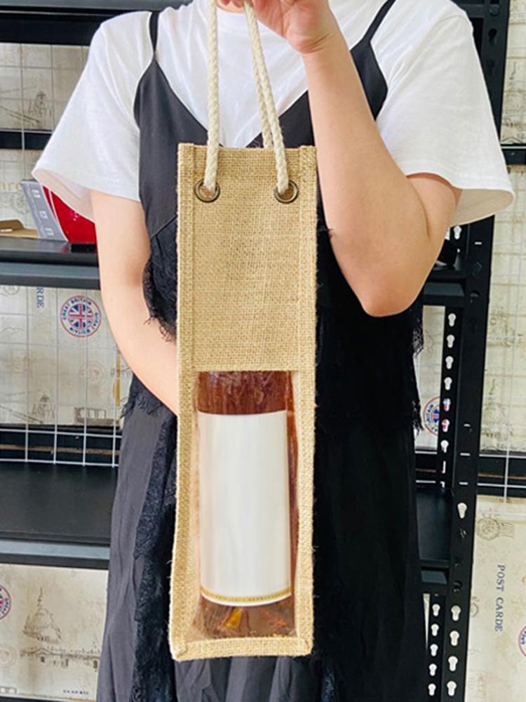 Jute Red Wine Cover Reinforced Handle Wine Bottle Pouch All-Purpose Red Wine Beer Bottle Packing Tote Bag for Wedding Holiday