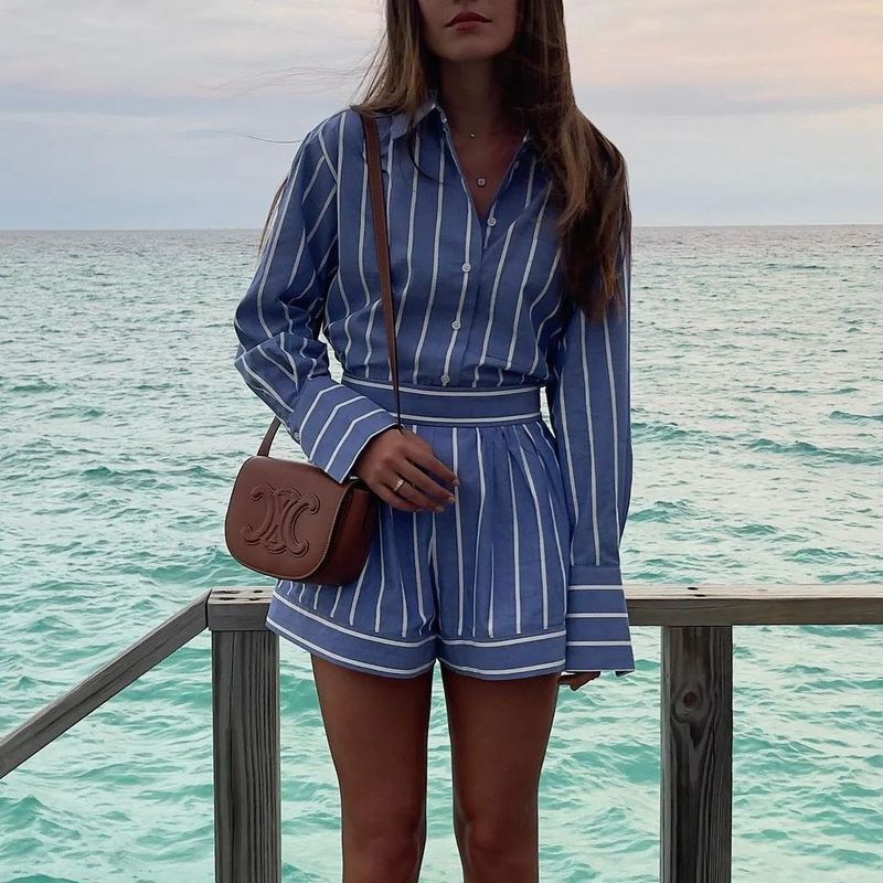 

Collar Striped Shirt Long Sleeve Suit Polo Collar Stripes Shirt Outfit Blue S