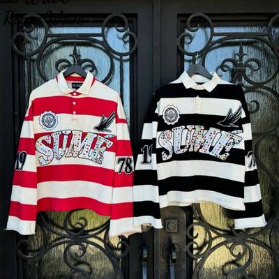 Cămașă Polo cu Broderie Hip Hop și Dungă RogueWave Y2k Retro Modă Classic Guler Revers Cămașă cu Mânecă Lungă