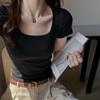 Black square neck front shoulder short-sleeved T-shirt women's summer new base, slim and thin inside, high-end top