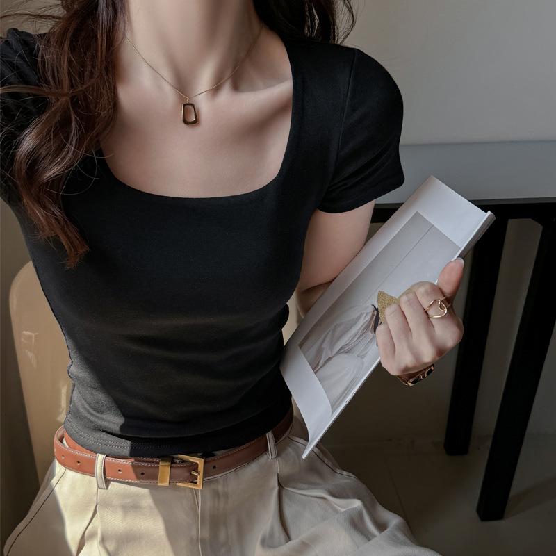 Black square neck front shoulder short-sleeved T-shirt women's summer new base, slim and thin inside, high-end top