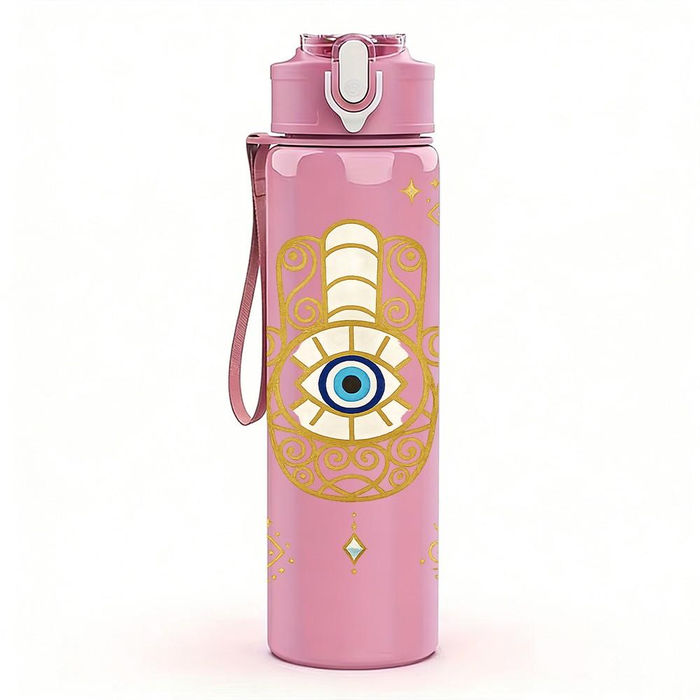 1PC Evil Eye Hand Amulet Art Print 750ml Color Plastic Sports Water Bottle Leakproof Flip Straw Lid Suitable for Sports Office Home Use