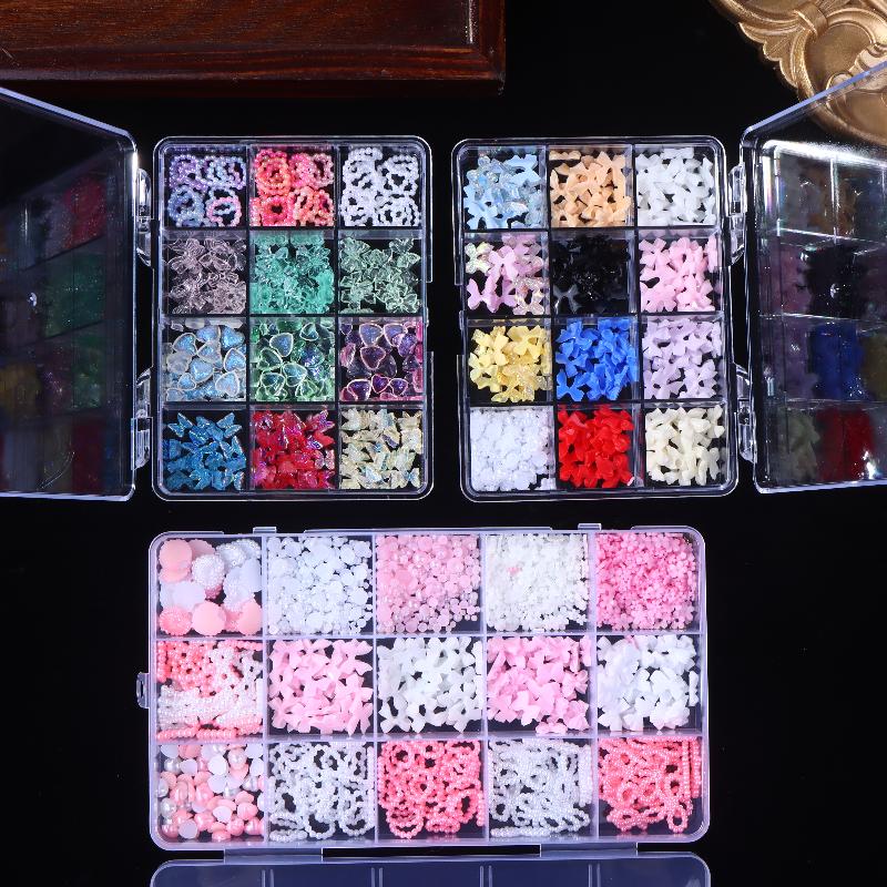 12/15 Grids/Box Mixed Resin Bowknot Nail Charms 3D Colorful Bow  Nail Art Decorations Diy Manicure Parts With Tools