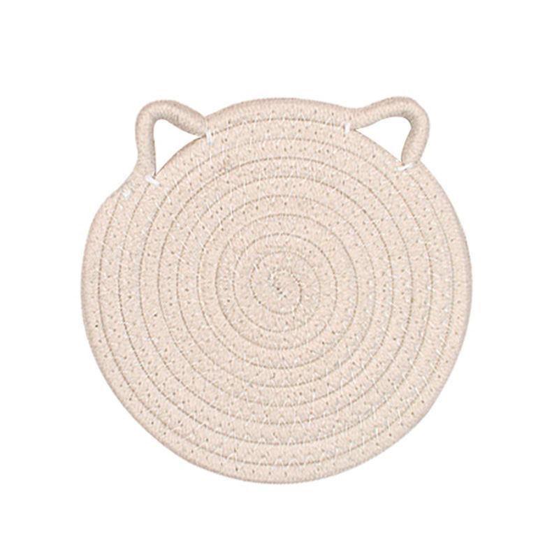 1Pc Cotton Rope Woven Insulation Pad Design Dining Table Tray Mat Insulation Pad Cartoon Cat Ear Shaped Solid Color Dining Table