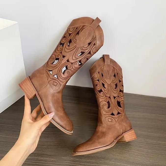 Fashion Hollow Embroidered Vintage Western Boots Women  Autumn Chunky Heels Knee High Cowboy Boots Woman Pu Leather Knight Booties
