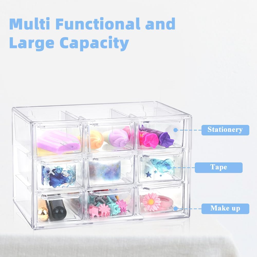 2 Pcs Acrylic Clear Stackable Storage Drawers, Desk Storage Organizer with 9 Mini Drawers, Removable Storage Box with Sticker for Makeup Jewelry