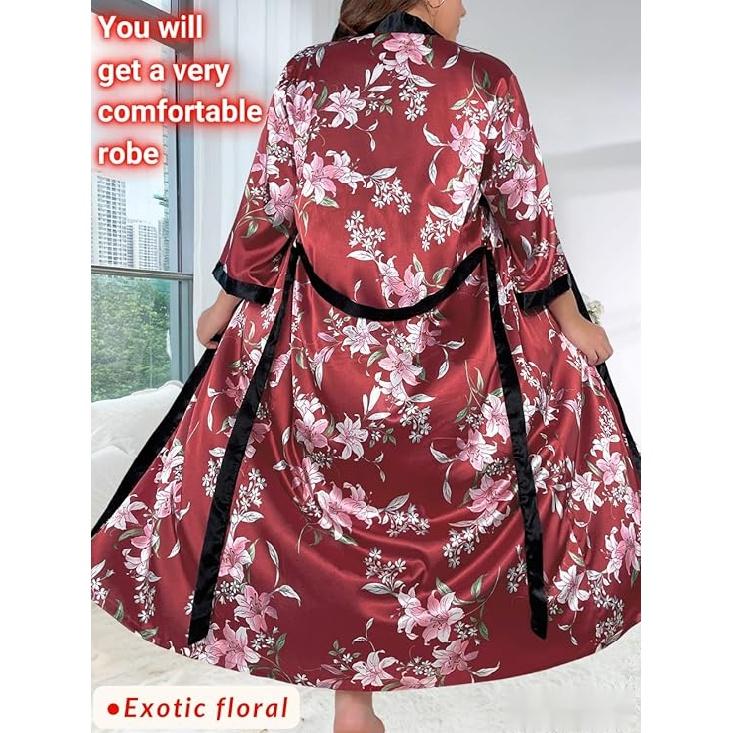 Women's Plus Size Valentines Robe, Sexy Satin Robe Long Sleepwear