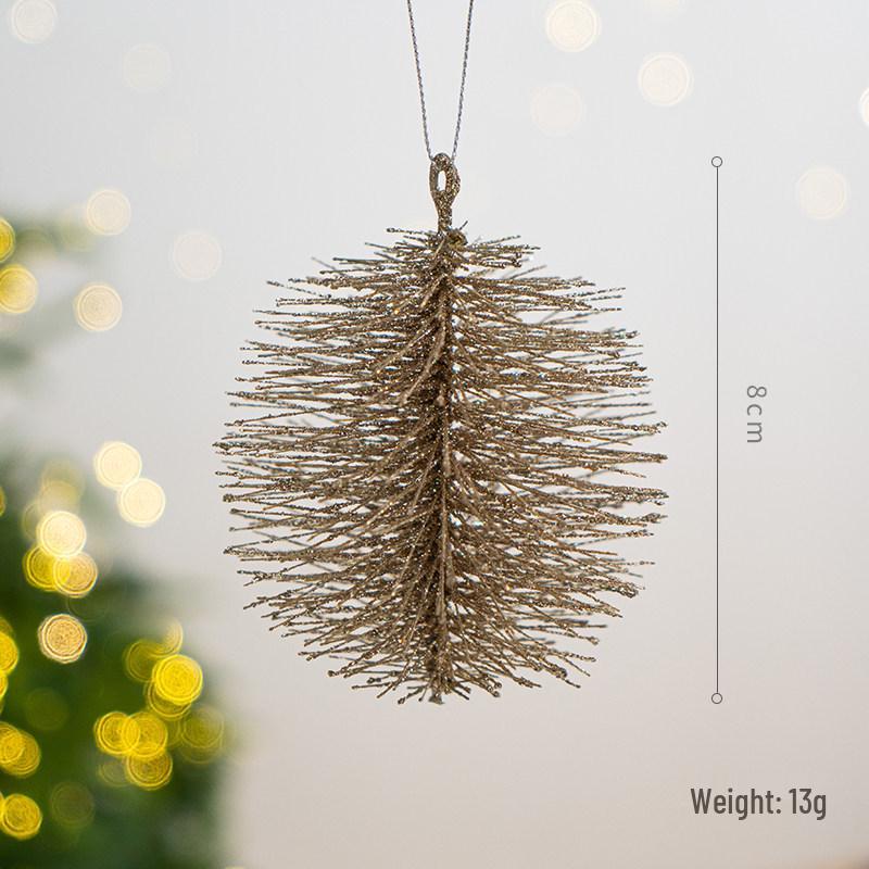 Champagne Gold Christmas Tree Ornaments: Spherical, Pine Cone, and Snowflake Shapes.