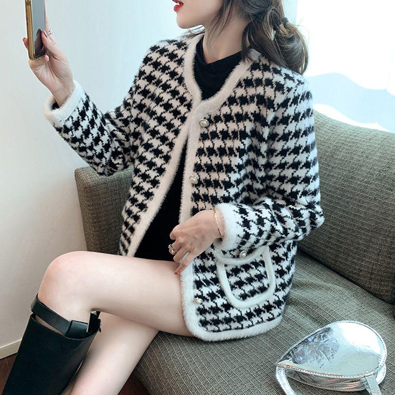 Spring Cardigan Coat Female 2026 Small Fragrance Houndstooth Imitation Mink Coat Short Loose Skinny Knitting Cardigan Female