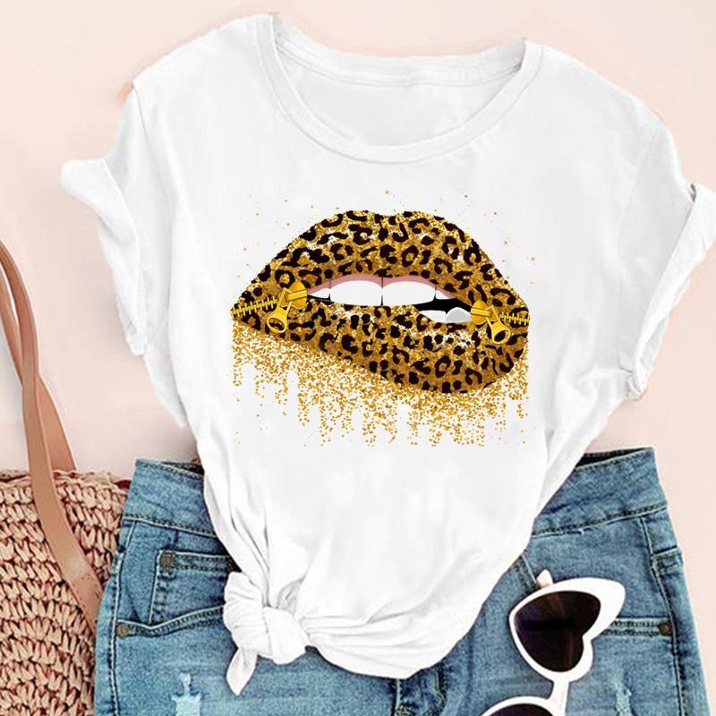 Tricou cu gât în ​​formă de O pentru femei Tricou la modă pentru femei Tricou cu mânecă scurtă cu buzele roșii Tricou cu mânecă scurtă pentru femei