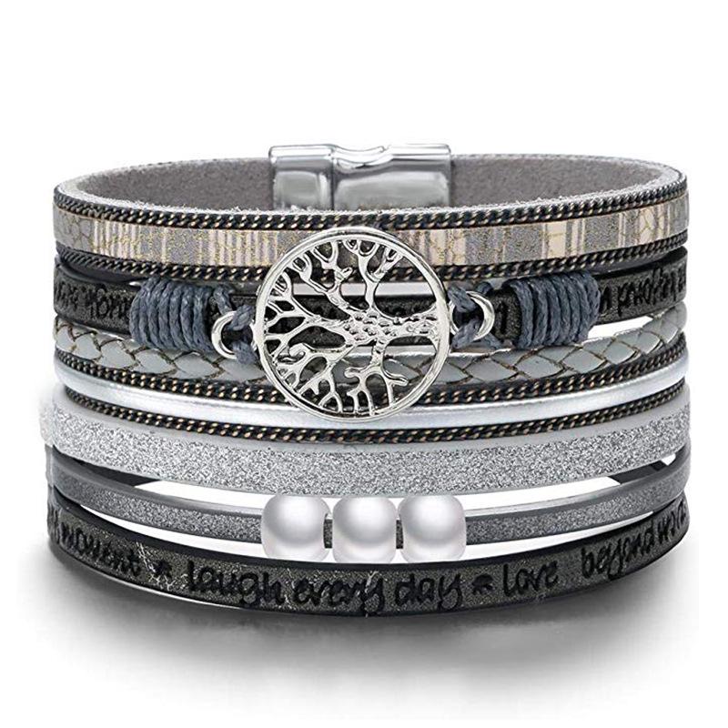 

Multi-layer pu leather bracelet with pearl tree of life magnet clasp
