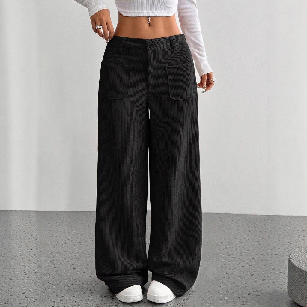 High Waisted Corduroy Wide Leg Pants with Pockets
