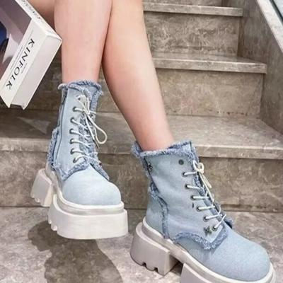 Mode 2024 Modeschuhe für Damen Seitlicher Reißverschluss Damenstiefel Frühling Herbst Runde Zehen Denim Solid Short Barrel Plateau Blockabsatzstiefel