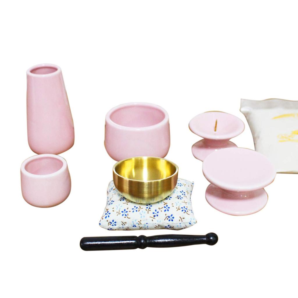 Mini 7-Piece Buddhist Altar Set: Orin (Buddhist Bell), Incense Burner, Incense Ash, Candle Holder, Vase, Teacup, and Offering Stand (Pink)