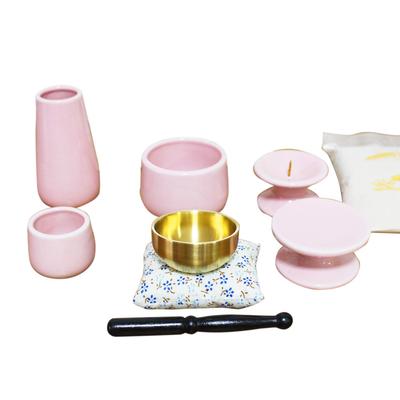Mini 7-Piece Buddhist Altar Set: Orin (Buddhist Bell), Incense Burner, Incense Ash, Candle Holder, Vase, Teacup, and Offering Stand (Pink)