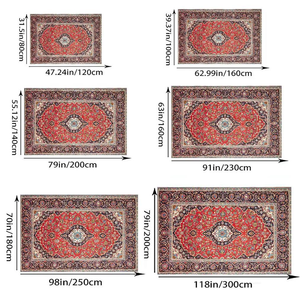 1Pc 2D Printed Velvet Carpet, Red Blue Persian Floral, Vintage Bohemian Geometric, Machine Washable, Multi-Size Home Decor Rug f