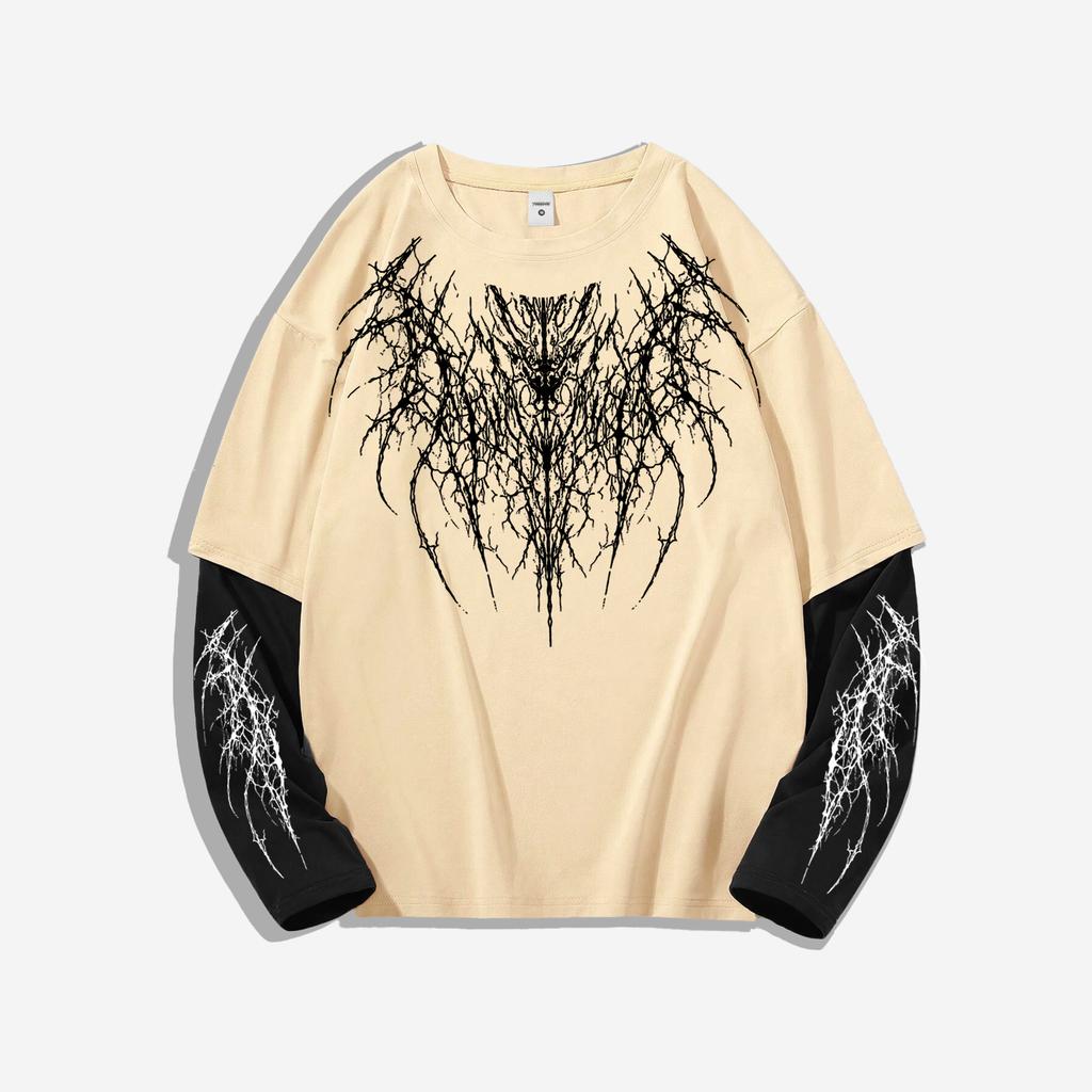 Dlouhé tričko v tmavém punkovém stylu s graffiti vzorem trnů a barevnými bloky: Oversized unisex top subkultury High-Street