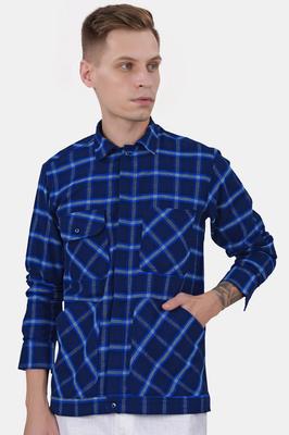 Downriver Blue and White Twill Checkered Premium Cotton Designer Overshirt
