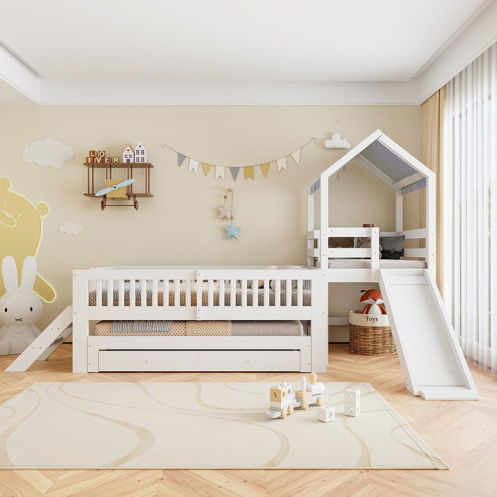 Kinderbett 90*200, mit Ausziehbett 90*190, Hausbett mit Rutsche, Seitliche Treppe, Schubladen, Massivholzrahmen und Stoffdach, Weiß