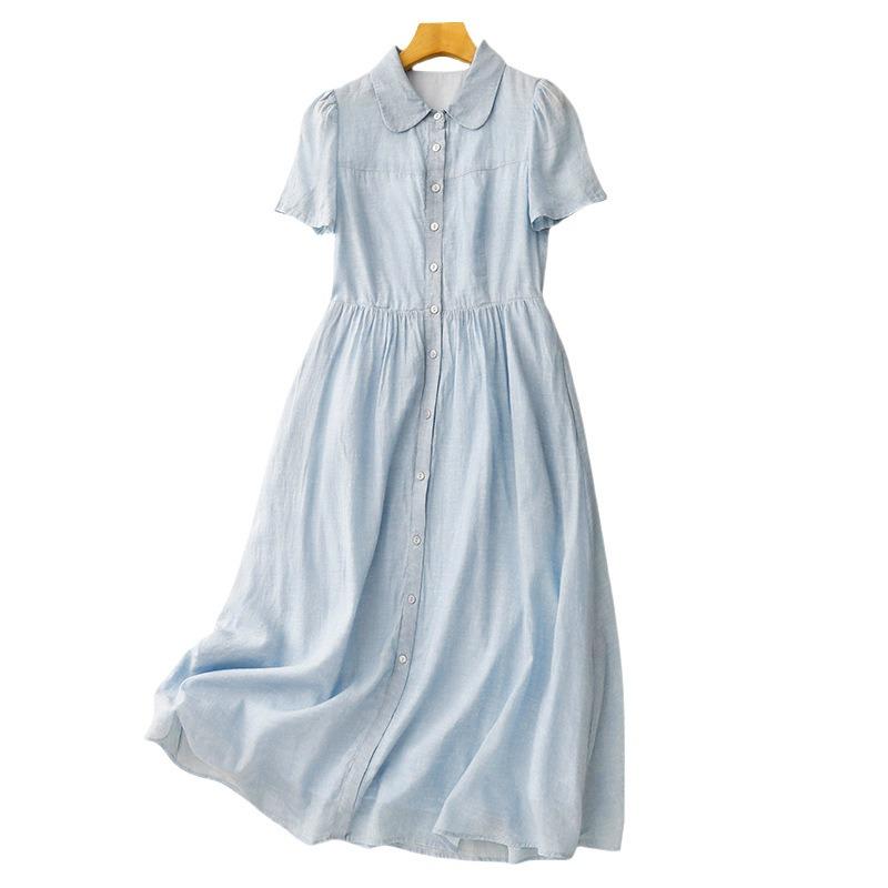 Real shot summer new cotton and linen literary loose casual large size doll collar dress women's clothing