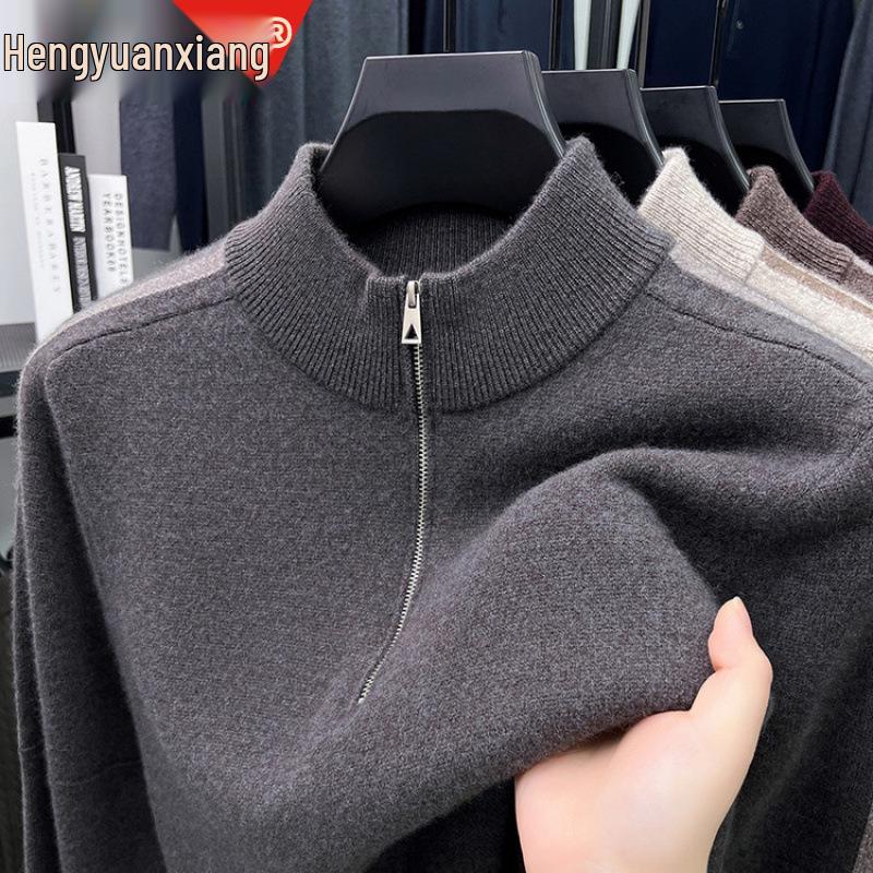 Hengyuanxiang Men's 100% Pure Wool Half-Zip Crew Neck Sweater - 2025 Autumn/Winter Warm Knitwear