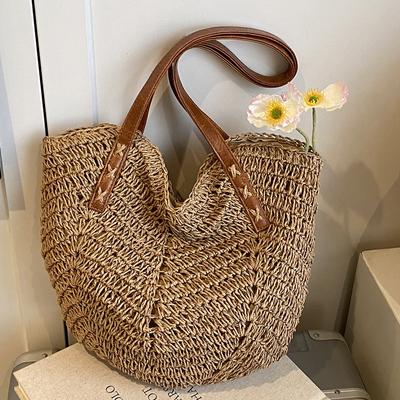 Straw Bag Women's New Seaside Vacation Beach Woven Bag Large Capacity Shoulder Bag Tote Straw Bag Vegetable Basket