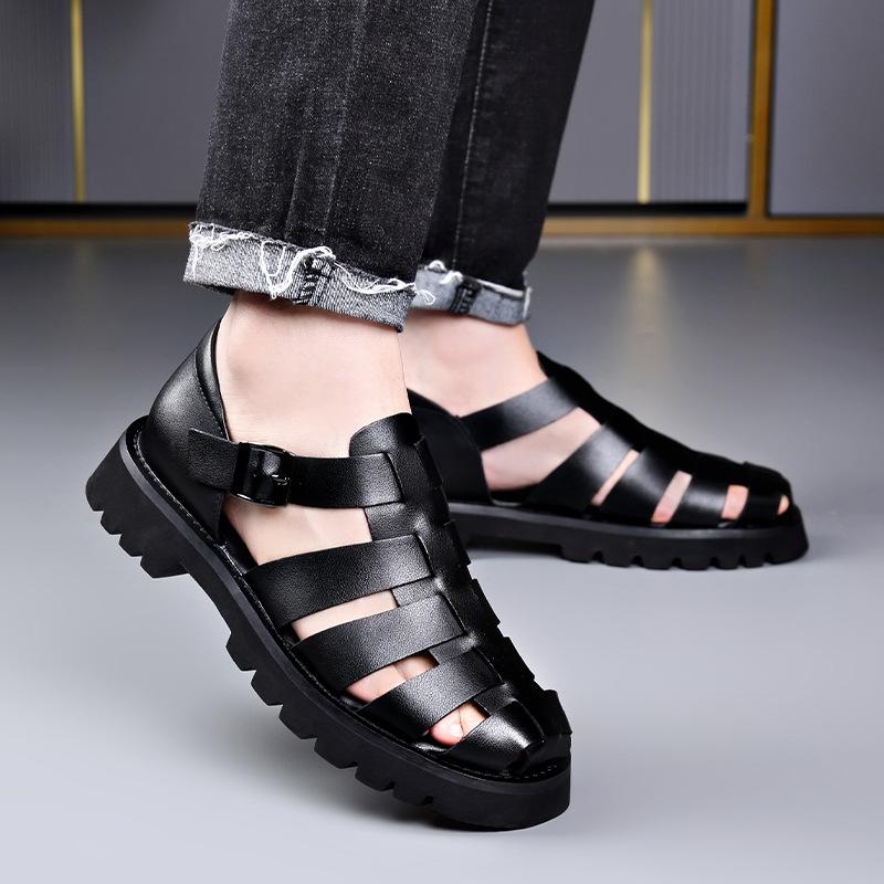 Fashion Shoes Cswo01 Men's Black Summer Gladiator Sandals New Breathable Casual Genuine Leather Sandals Hollow Beach Shoes Sizes 38-48 Sandals Cm