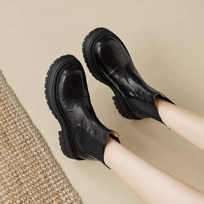 Krazing Pot Sheep Skin Round Toe Winter Med Heels Chelsea Boots Women Zipper Retro Fashion Platform Ankle Boots
