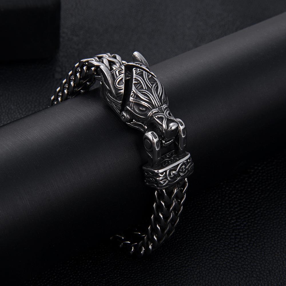 Bracciale Testa di Lupo Vichingo per Uomo Catena Spessa in Acciaio Inossidabile Gioielli Retro in Titanio