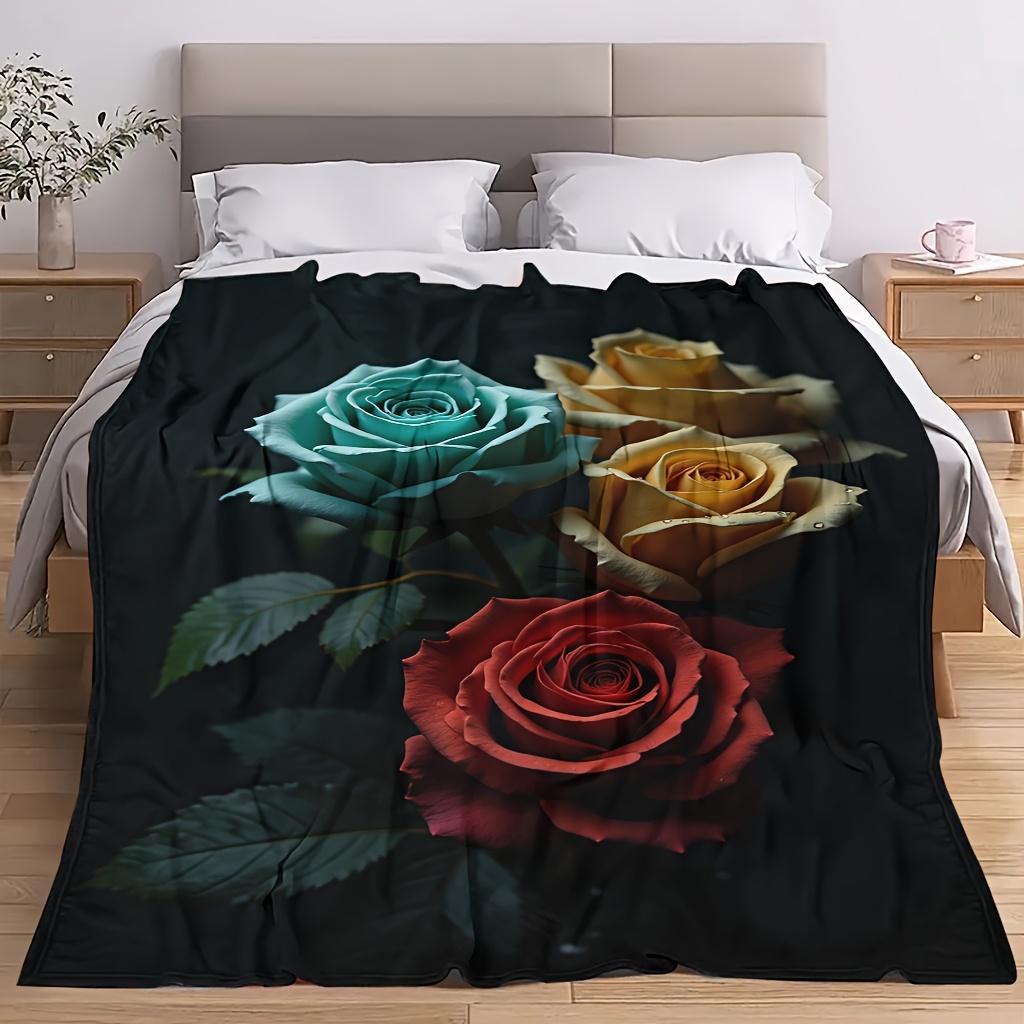 Comfortable Rose Theme Pattern Blanket Soft High-Definition Digital Print Black Base with Red Yellow Blue Roses Cooling Blanket All-Season Use Soft Br