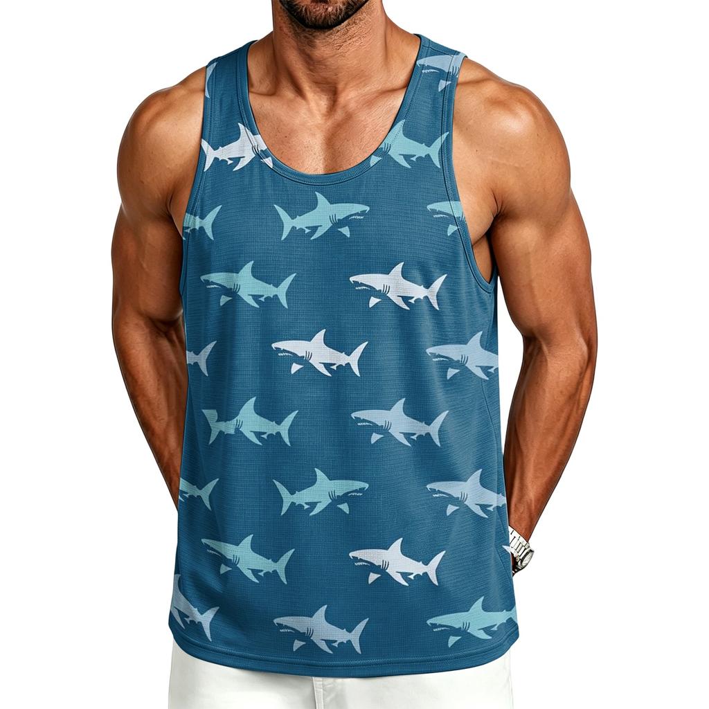 Men's Casual Hawaiian Print Outdoor Sports Tank Top Sleeveless Round Neck Summer Beachwear Lightweight Breathable Fabric