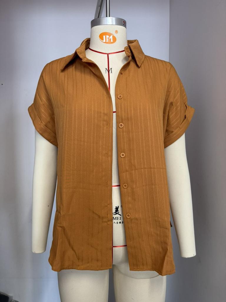 Dameslos Kortmouwig Shirt Reverskraag Enkele Rij Knopen Effen Kleur Casual Blouse Lente Zomer Forens Top