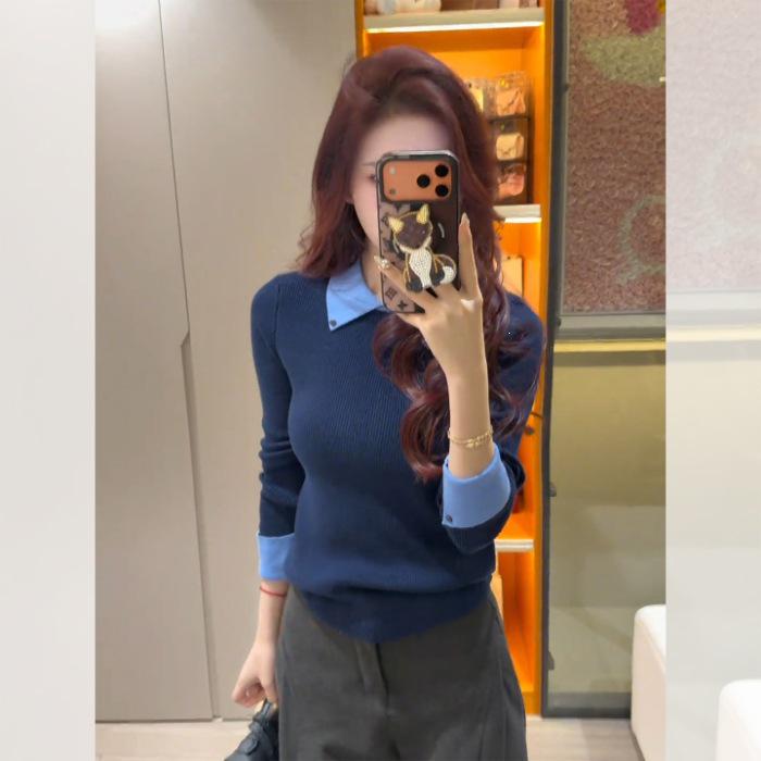 Women's Colorblock Knit Polo Collar Sweater - Faux Two-Piece, Autumn/Winter Base Layer