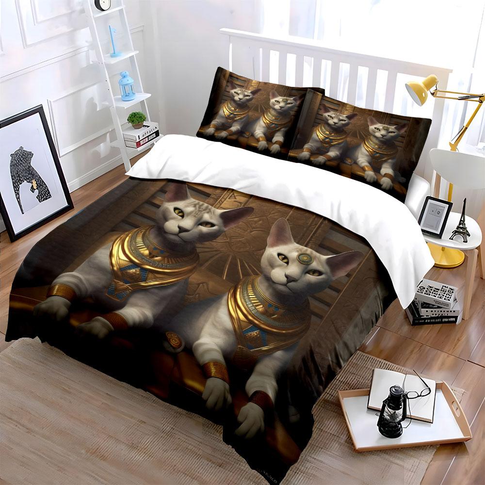Elegant Noble Cats In Egyptian Style Printed Duvet Cover Set1 Duvet Cover+2 Pillowcasemulti Size Bedroom Bedding Decor