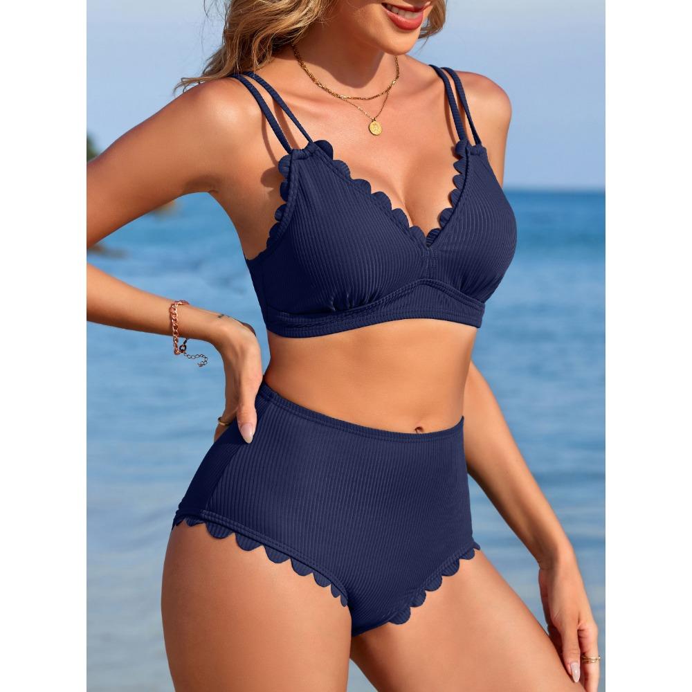 CHARMLEAKS Damskie bikini z falbanką, żebrowane, dwuczęściowe, kostiumy kąpielowe z dekoltem w serek i wysokim stanem