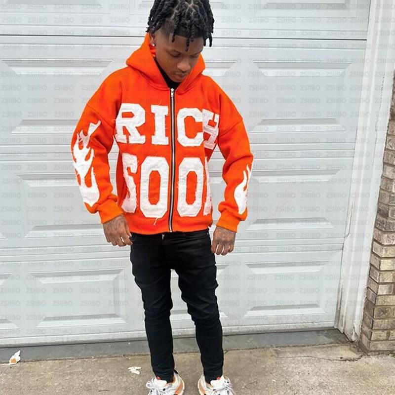 Unisex Hooded Zip-Up Sweatshirt With Letter Print Loose Fit Streetwear Casual Pullover