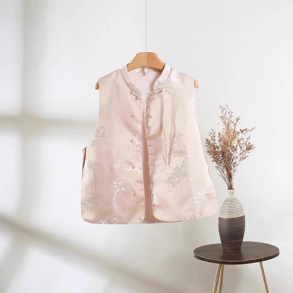 Improved Sleeveless Vest Vintage Crew Neck Button Brocade Jacquard Top Vest