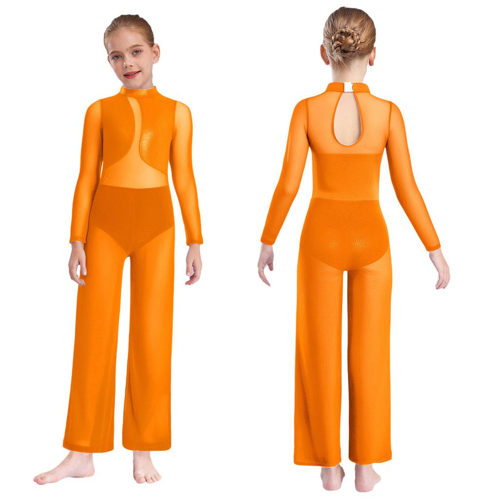 Transparenter Netz-Jumpsuit mit weitem Bein und Metallic-Effekt für Mädchen: Langarm Ganzkörper-Trikot mit Schlüsselloch-Rücken für Gymnastik und Bühnenauftritte