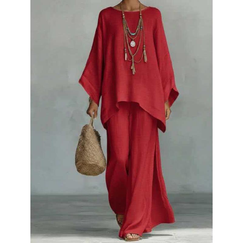 2026 New Women's Simple Loose Linen Blend Shirt and Wide-Leg Pants Set