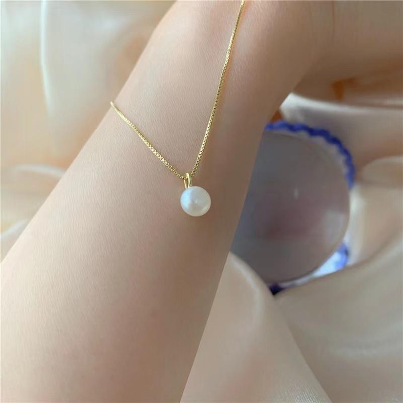 Gold Plated Box Chain Freshwater Pearl Pendant Necklace – Dainty Minimalist Jewelry, Elegance Gift for Women